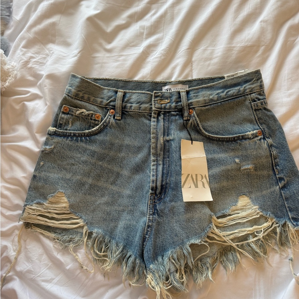Zara Light Blue Ripped Jean Shorts
